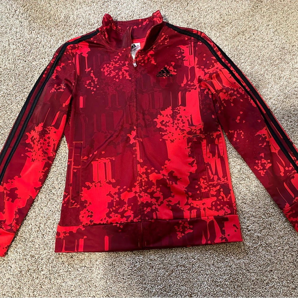 Adidas boys Size 10/12 track jacket red and black design